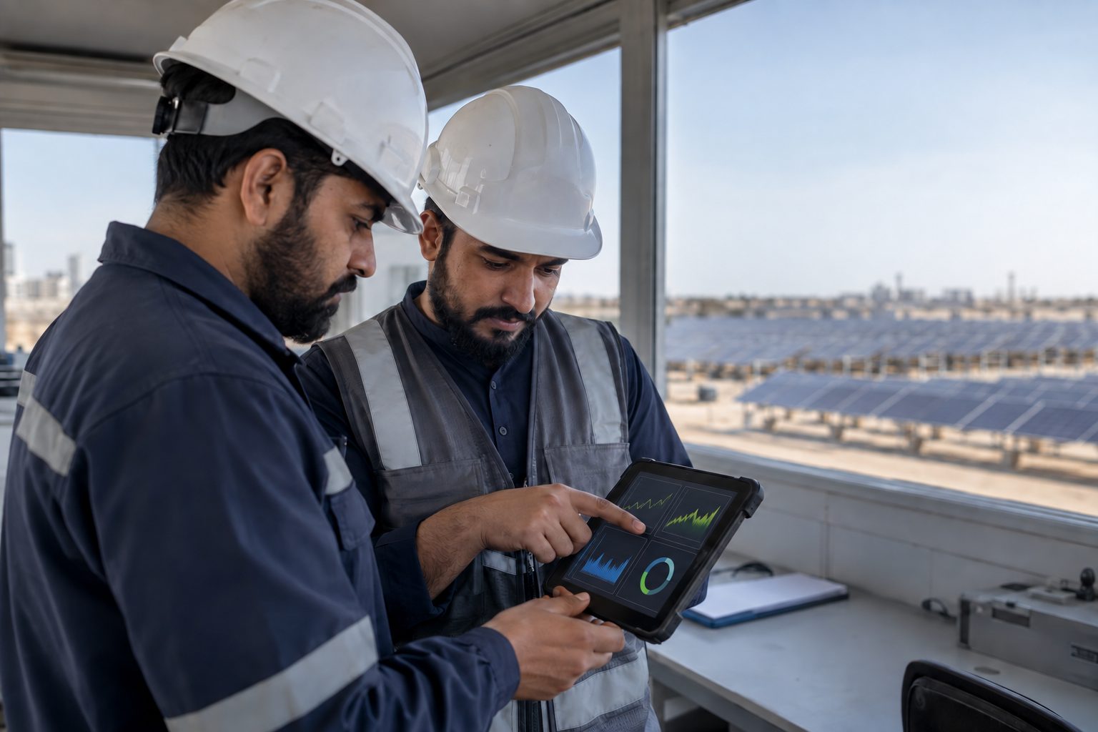 engineers at a solar farm reviewing asset monitoring data