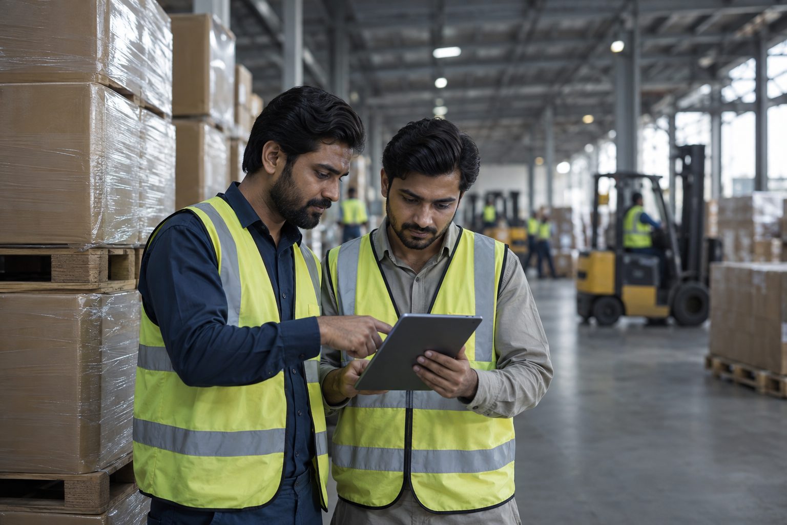 logistics coordinators checking shipments in a warehouse