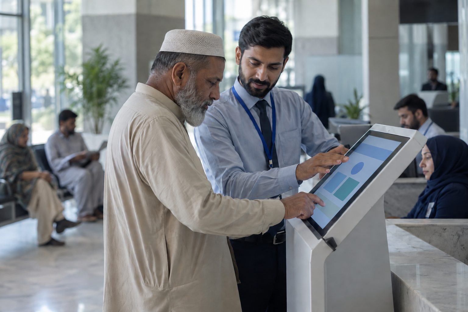a public service officer helping a citizen at a digital kiosk
