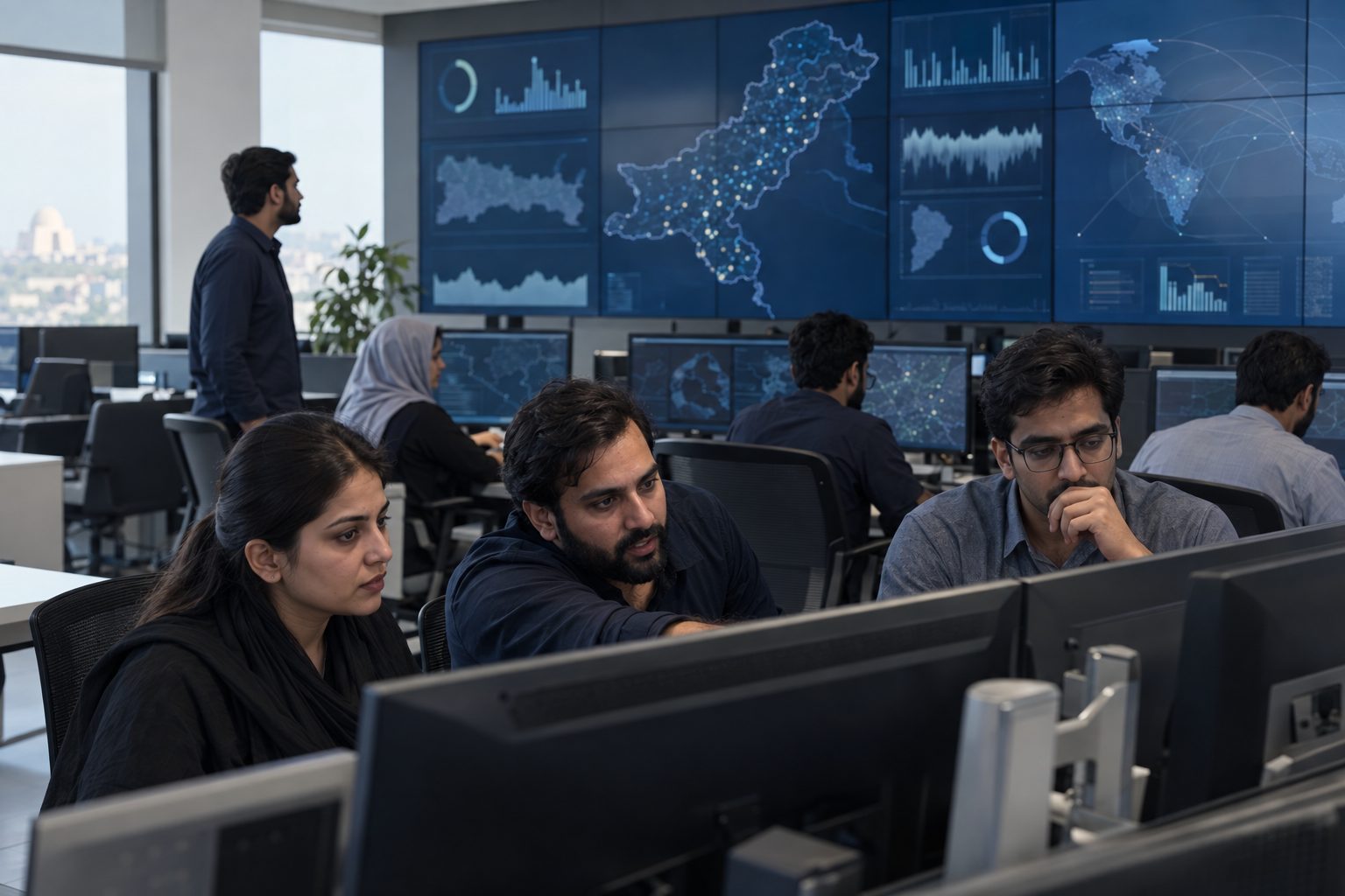 engineers working in an operations centre with large monitoring dashboards