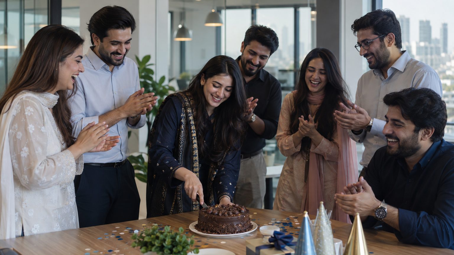 an office team celebrating together around a table