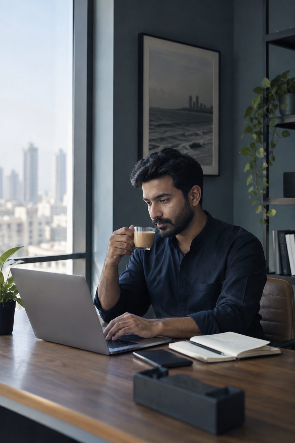 a man with a cup of chai and a laptop in a quiet office corner