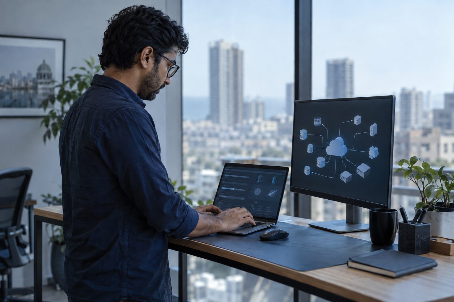a cloud engineer configuring infrastructure beside architecture diagrams