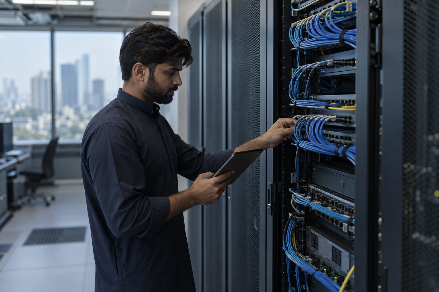 a network engineer checking server racks with a tablet
