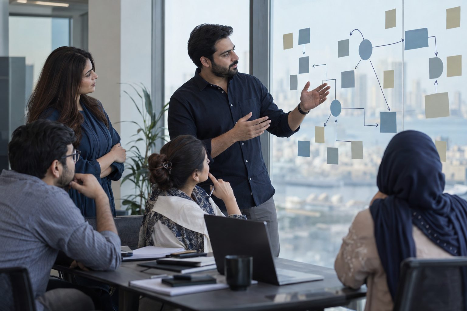 a strategy team mapping a customer journey on a glass wall